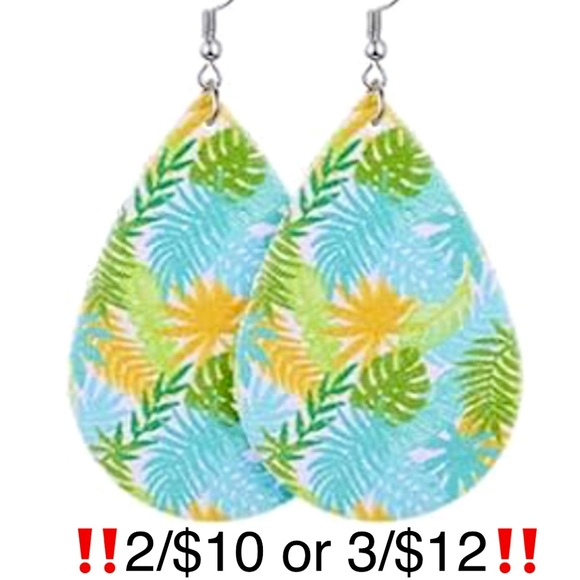 Palm Leaf Print Faux Leather Summer Earrings-Green Yellow Blue Palm Leaf Pattern - Picture 1 of 8
